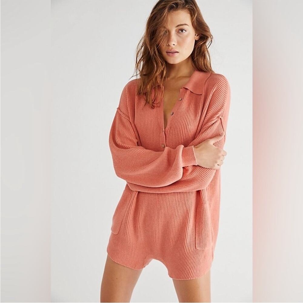 Free people picnic sweater romper linen cotton salmon size medium